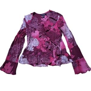 Romantic 14W XL Florql Sequins Lace Flare Sleeve Blouse Whimsical Fairy Tie